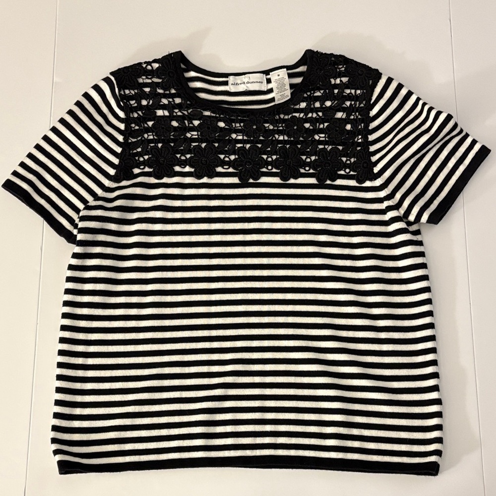 Alfred Dunner Black & White Striped Short Sleeve Top with Crochet Floral Yoke